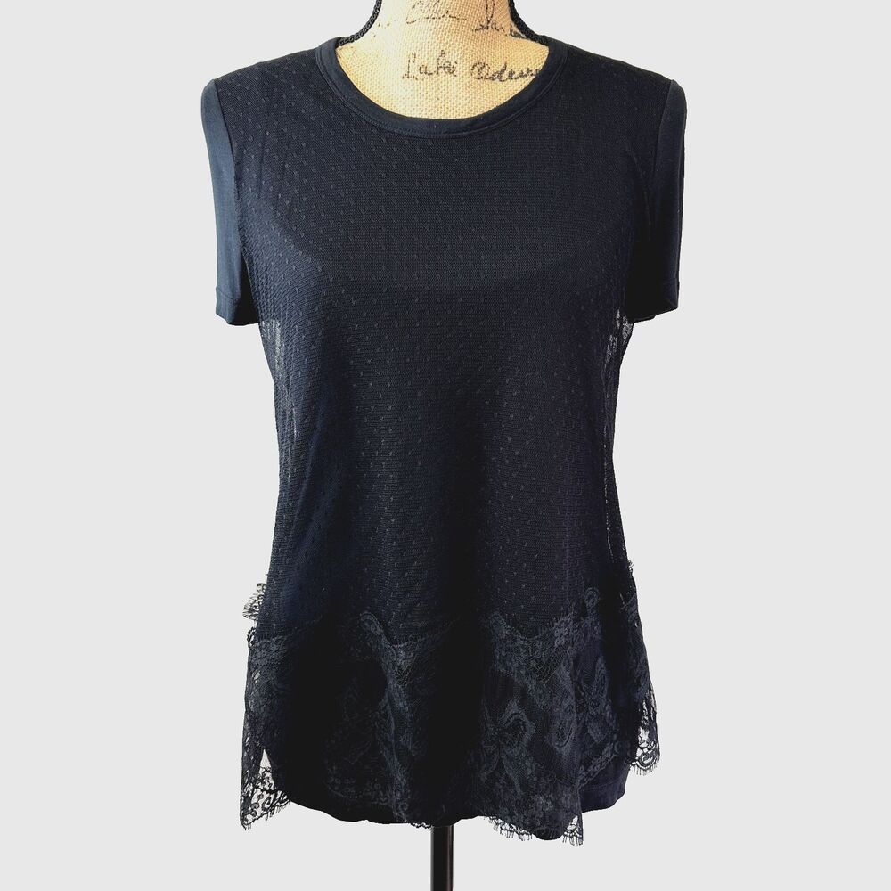 RED VALENTINO Black T-Shirt Blouse Top With Lace Overlay Split Back w/Ties SZ M